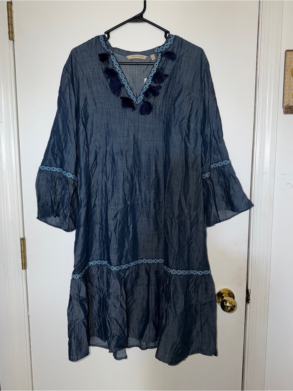 Soft Surroundings Charlotte Tencel Navy Blue Tassel Tunic Dress